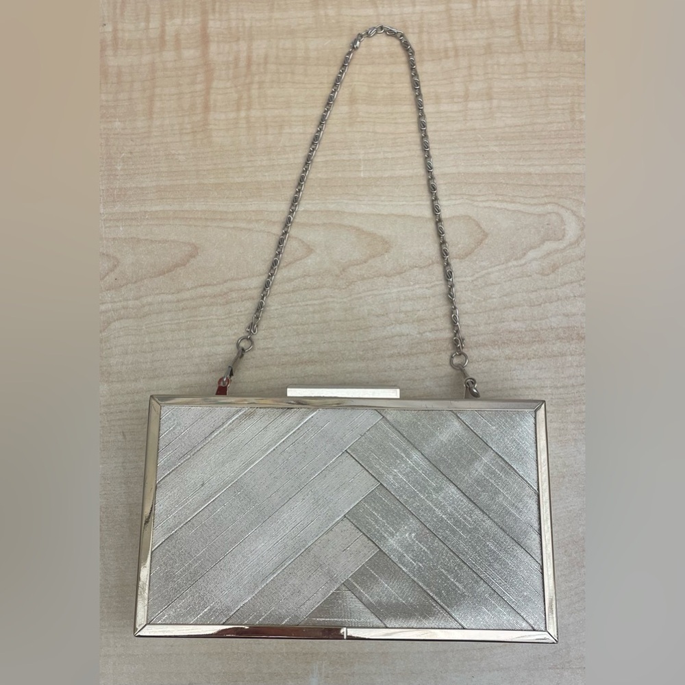 Gold Metallic Box Shaped Evening Bag, Detachable Silver Chain, Interior Pocket